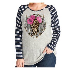 Women Plus Size Leopard Bull Dream Catcher Double Striped Knit Top Tee Navy Blue